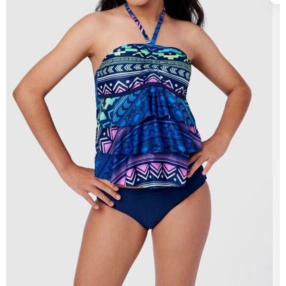 JUSTICE Size 7/8 Girls SWIMSUIT Tankini Ruffle Halter Swim Suit Cupcake Blue Q24